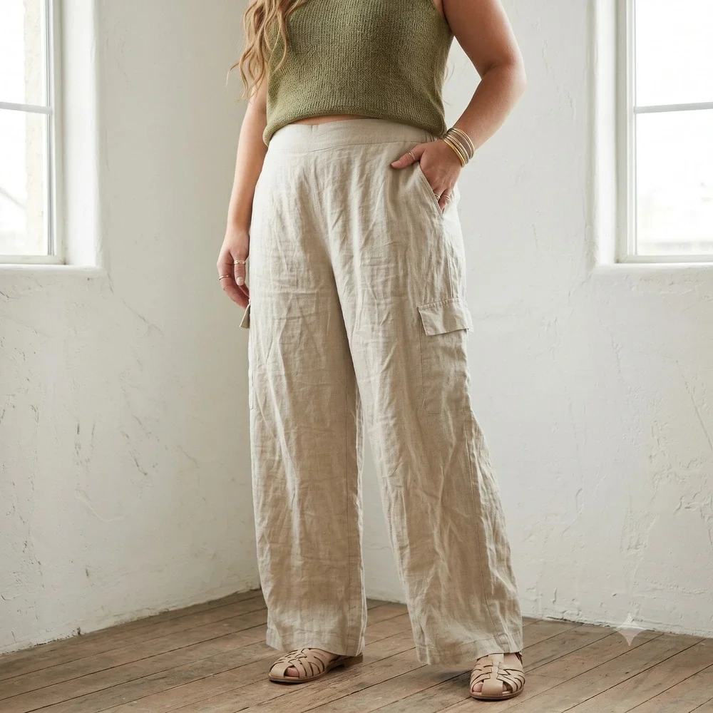Jessica Simpson Womens Wide Leg Linen Blend Pants XL Beige Cargo Coastal Grandma